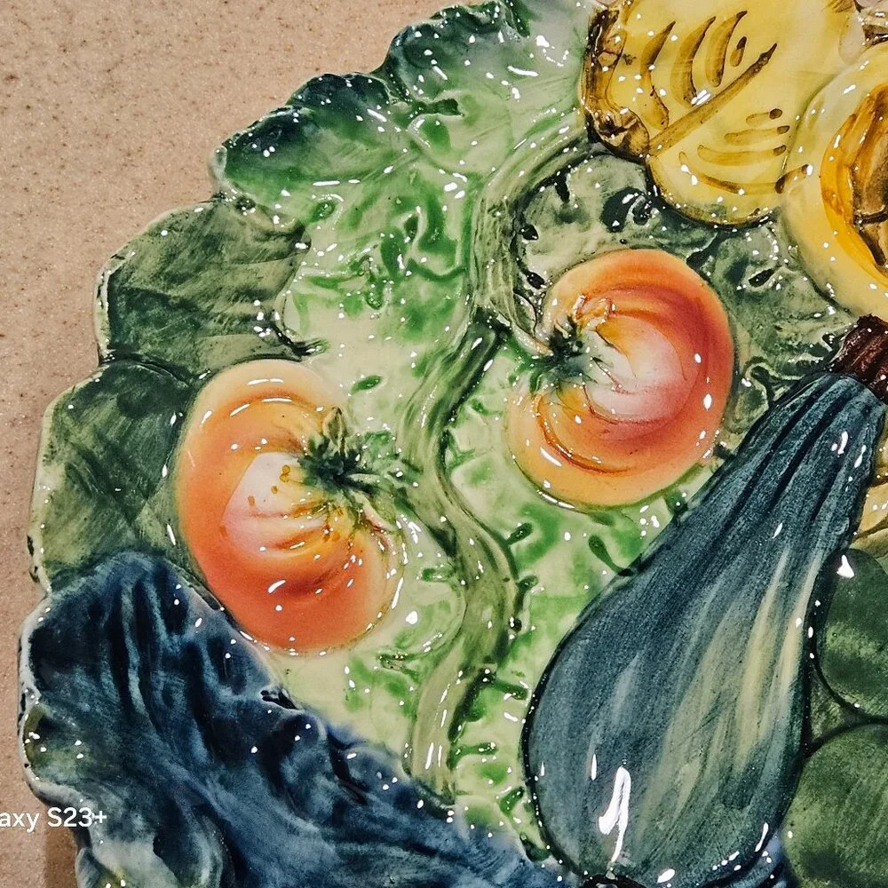 ANTIQUE RS REGAL SANEJOUAND FRENCH MAJOLICA POTTERY LEAF VINE VEGETABLE PLATE